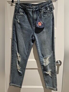 Simon Chang Distressed Boyfriend Jeans in Medium Blue Wash